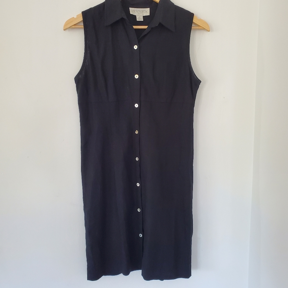 CASUAL CORNER ANNEX 4P Sleeveless Linen Black Shirt Dress Button Coastal Vintage